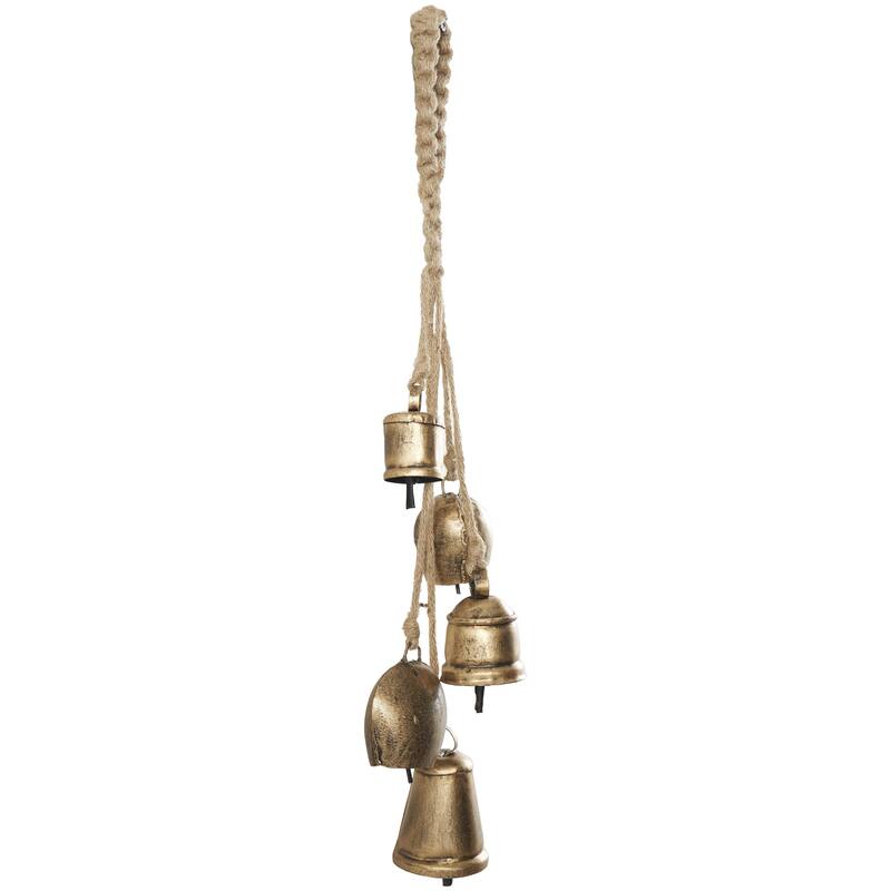 Gold, White or Black Metal Tibetan Inspired Cascading Indoor Outdoor Decorative Cow Bells with 5 Bells on Jute Hanging Rope