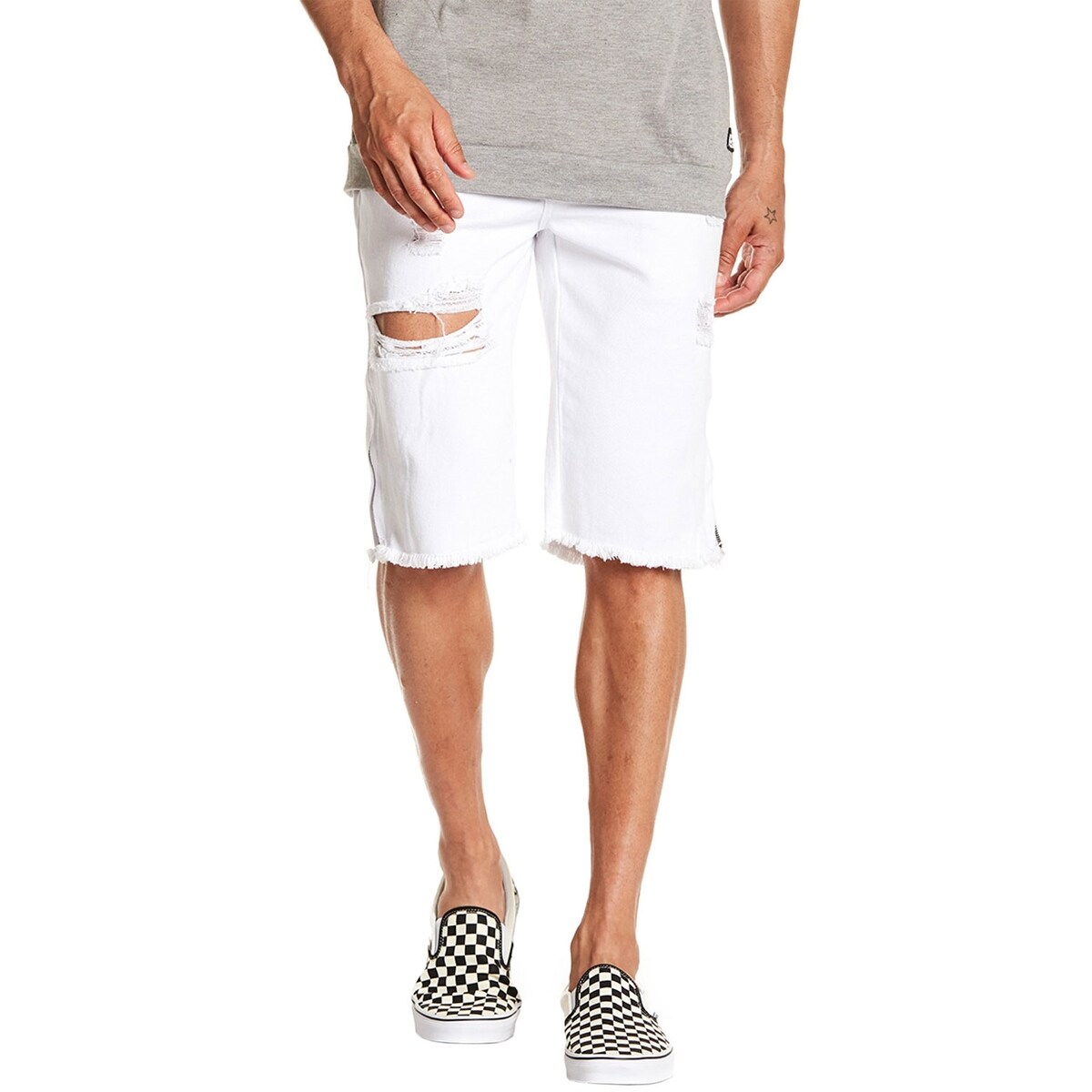 mens white distressed denim shorts