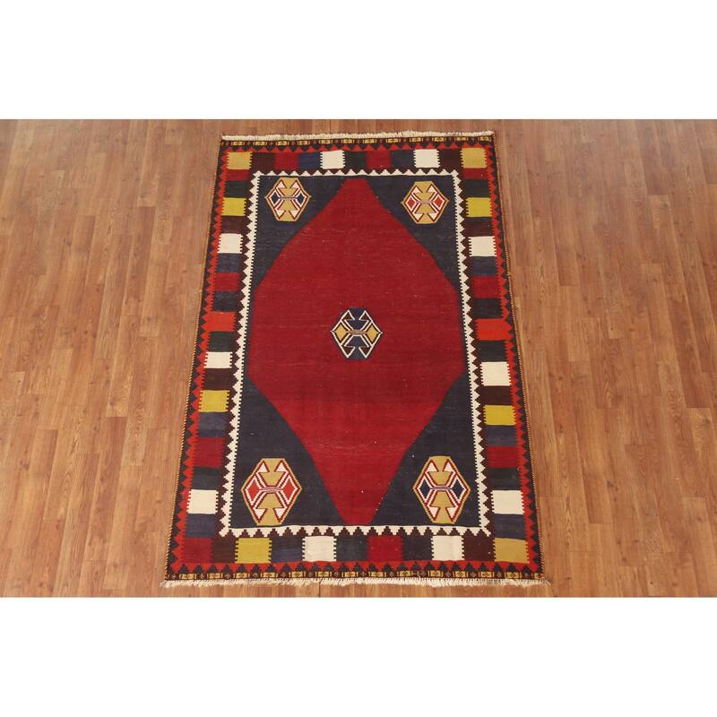 Red Kilim Qashqai Persian Vintage Area Rug Hand-Woven Wool Carpet - 4'3"x 6'7"