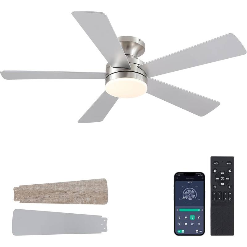 46 Inch Low Profile Ceiling Fan with 6 Blades,Remote and APP Control,for Bedroom,Living Room,Patio - 46 Inches - Nickle