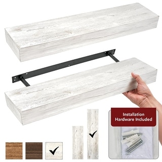 American Art Decor Rustic Whitewashed Wood Floating Wall Shelf - Large