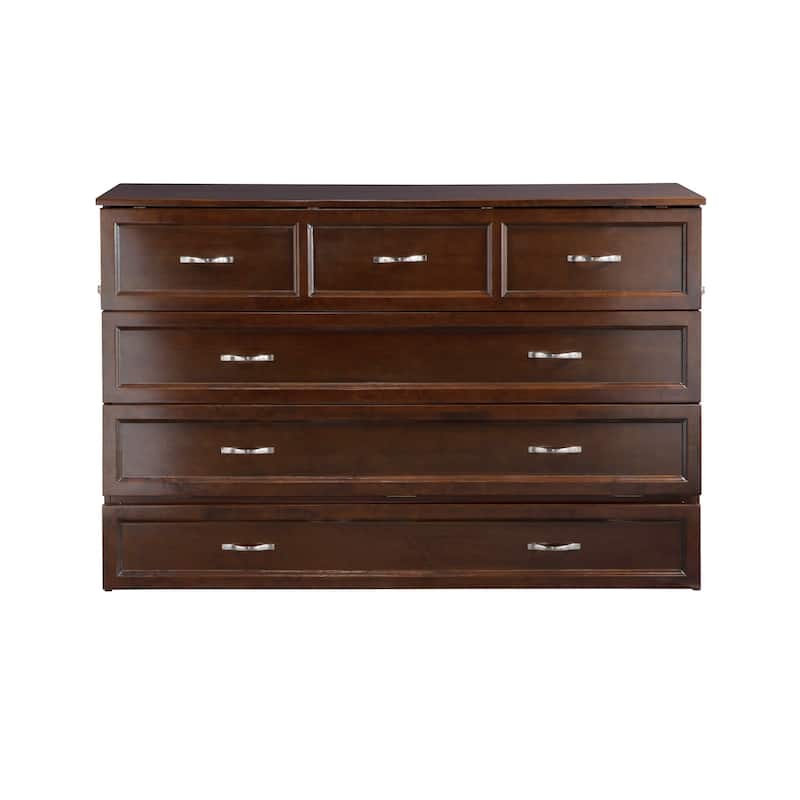 Deerfield Queen Murphy Bed Chest with 6" Mattress, Storage Drawer & Built-In Charger in Walnut