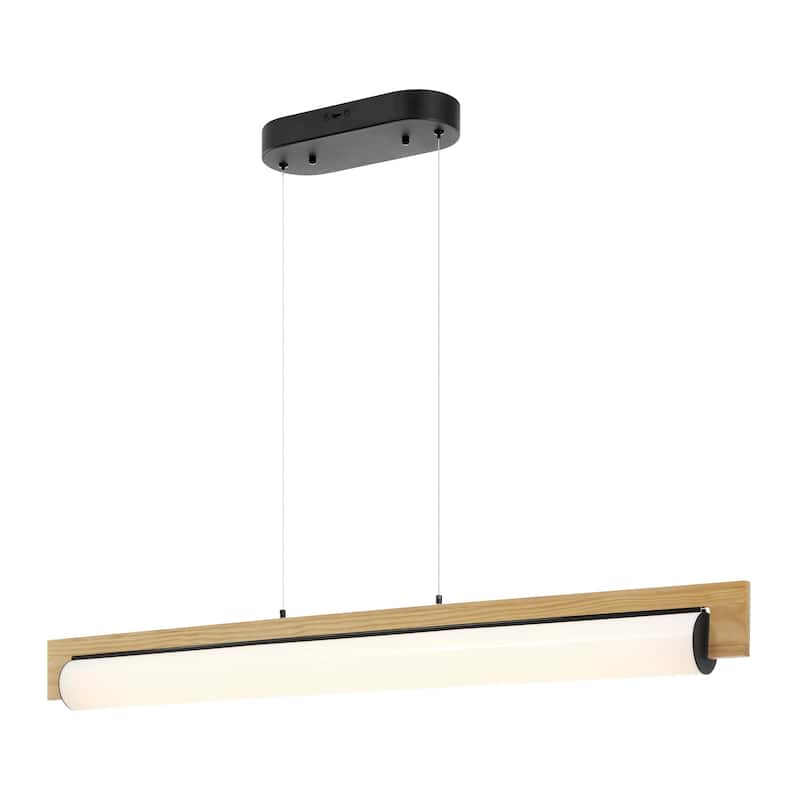 Linear Satin Black & Wood Chandelier - N/A