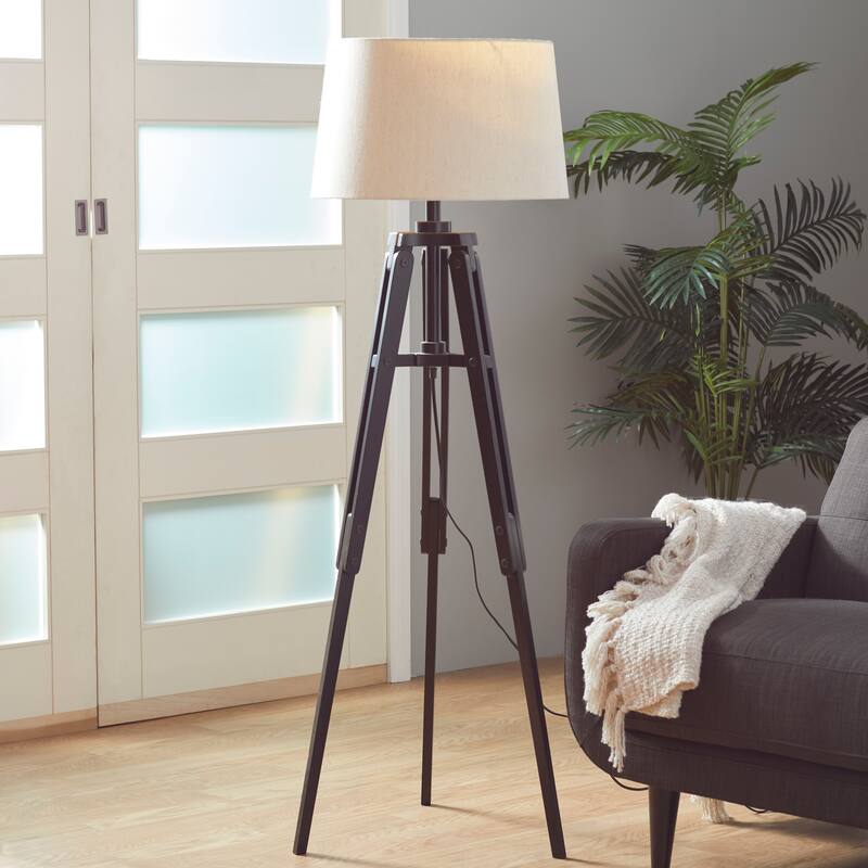 Black Wood Tripod Room Floor Lamp with Cream Linen Shade - Black
