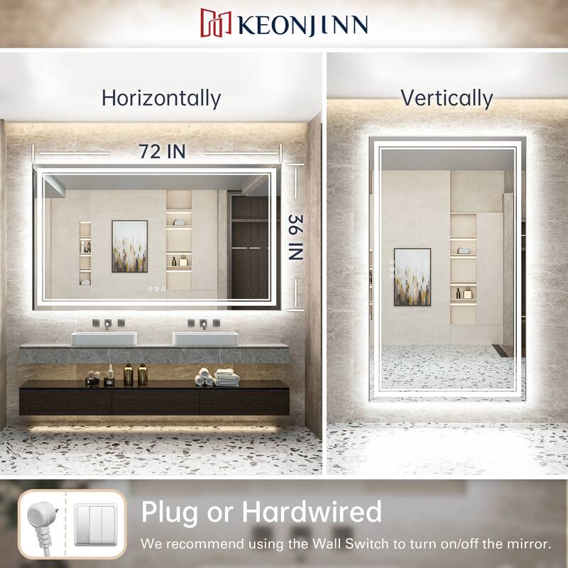 Keonjinn LED Front Light and Backlit Bathroom Vanity Wall Mirror, 3 Color Temperatures, Anti-fog