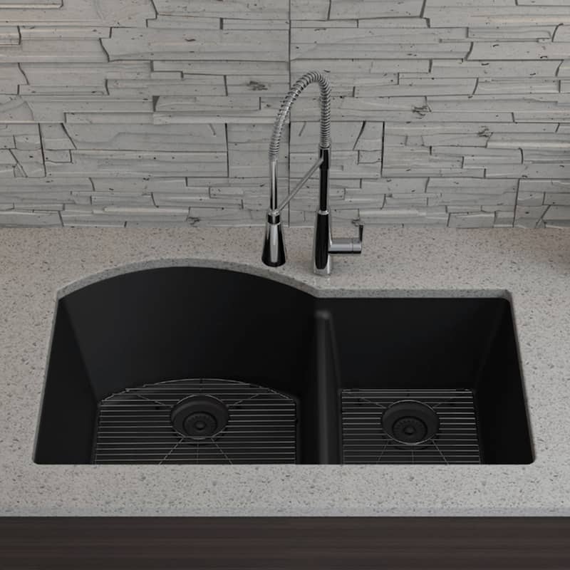 Lexicon Platinum Quartz 32 Inch 70/30 Double Bowl Kitchen Sink with Bottom Grids and Strainers and Disposal Flange
