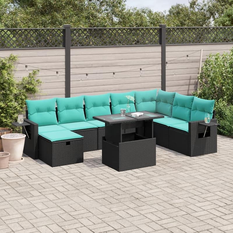 vidaXL Patio Sofa Set with Cushions and Table Outdoor Garden 9 Piece Poly Rattan - 24.4" x 24.4" x 27.2" - Black without storage