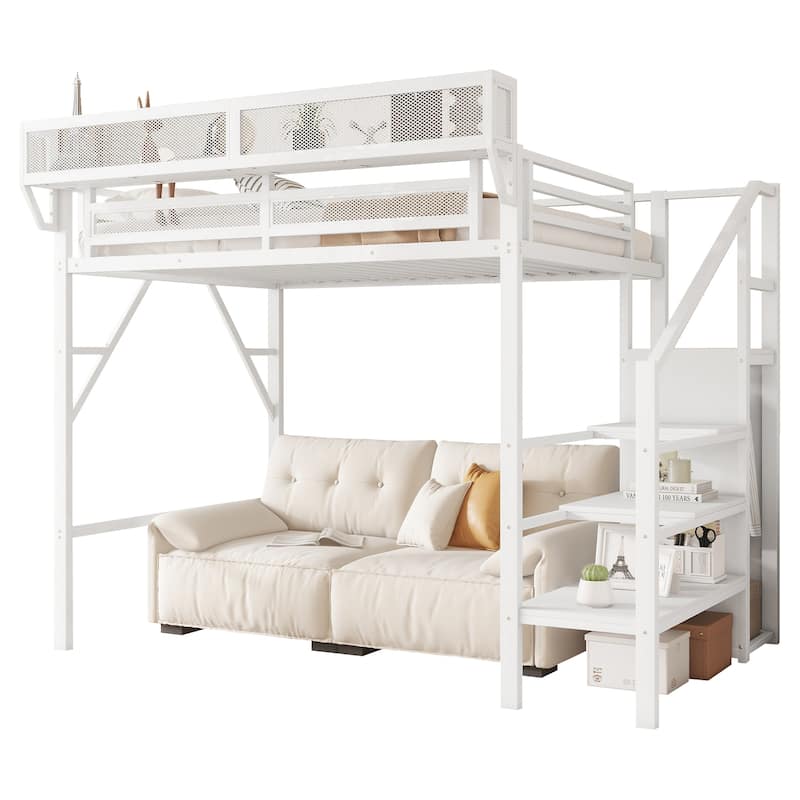 Metal Loft Bed with Wooden Stairs Built-in Storage Shelves and Wardrobe, High Loft Bed Frame with Side Grid Storage Rack