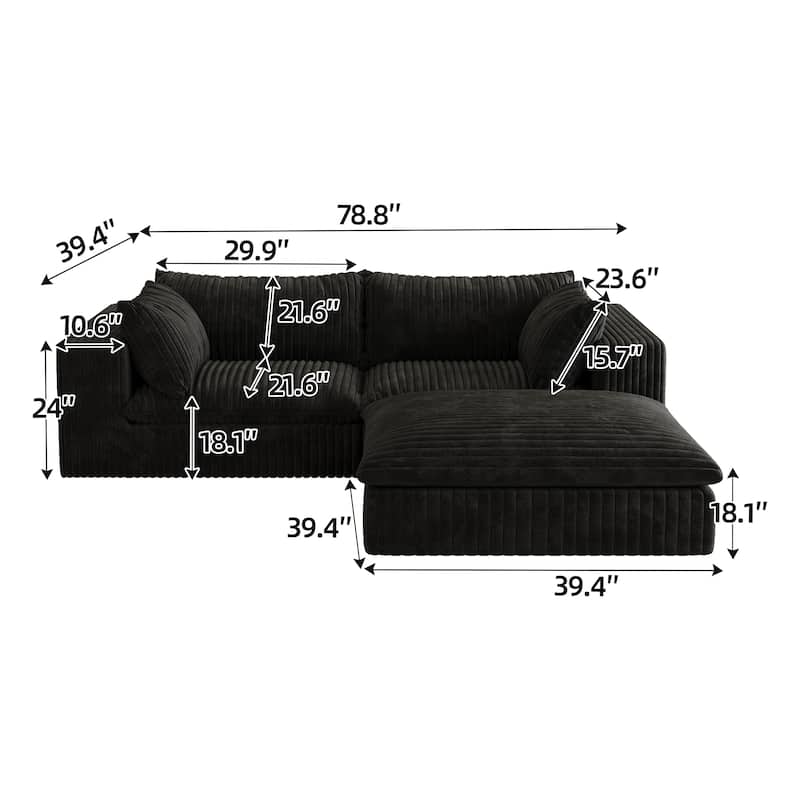 Corduroy Loveseat & Ottoman Set, L-shaped Sectional Sofa with Double-layer Seat Cushions, Modular Chaise Lounger Couch
