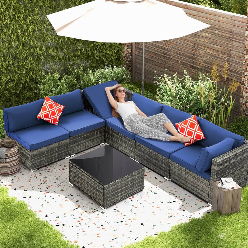 EROMMY 6/7 Piece Modular Outdoor Rattan Sofa Set, All-Weather Wicker Patio Furniture with Storage Table, Cushions & Pillows