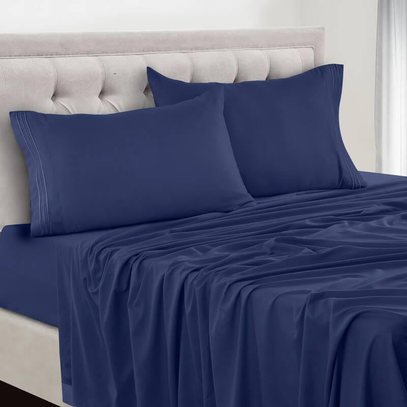 6 Piece Bed Sheet Set Deep Pocket Ultra Soft Microfiber Bedding Sheets - Twin XL - Navy Blue