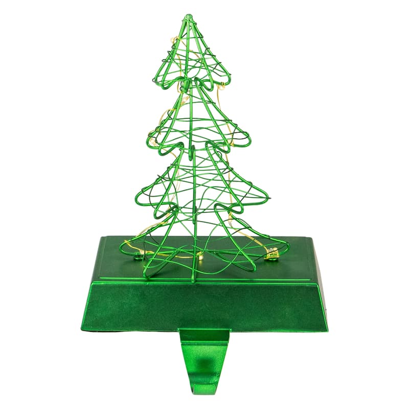 8" LED Lighted Green Wired Christmas Tree Stocking Holder