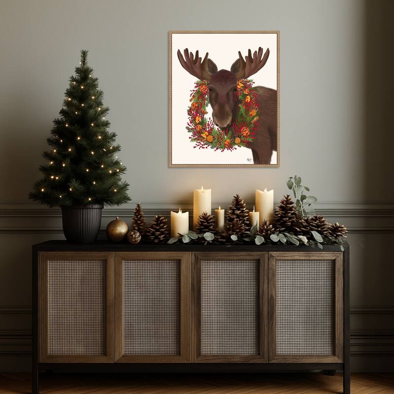 Christmas Moose and Cranberry Wreath by Fab Funky (23 x 28 in.), Framed Canvas Wall Art Print - Sylvie Beaded Rustic Natural