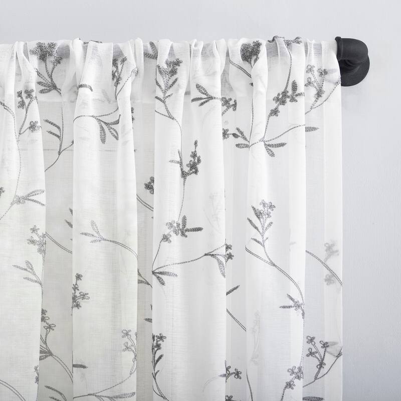 No. 918 Delia Embroidered Floral Sheer Rod Pocket 1-Piece Curtain Panel, Single Panel