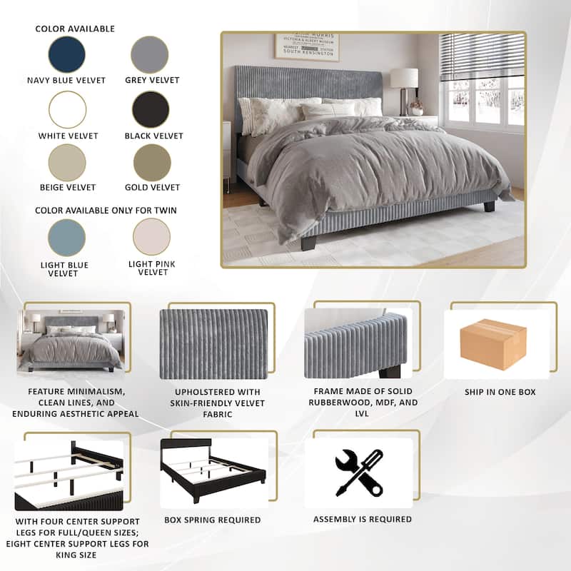 CraftPorch Corduroy 4-pieces Mid-Century Modern Black Bed with Dark Grey Furniture Bedroom Set