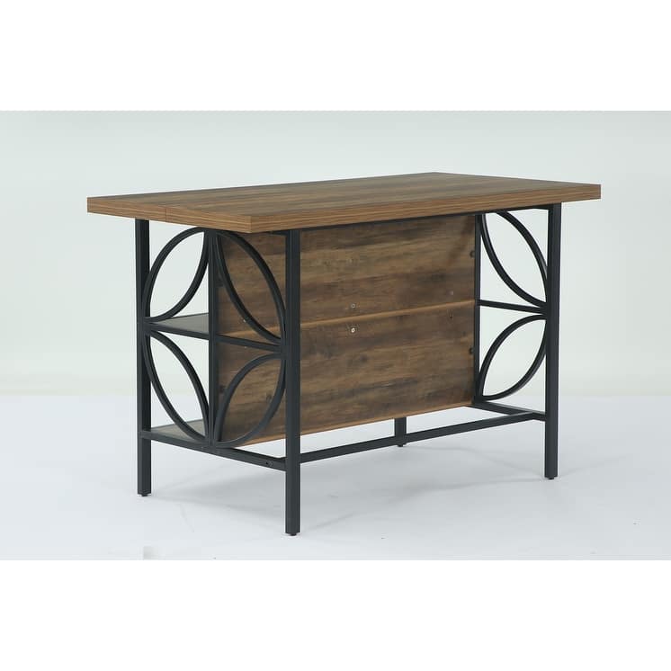 2-Tier Long Kitchen Bar Height Table with Footrest, Rustic Brown - Brown + Black