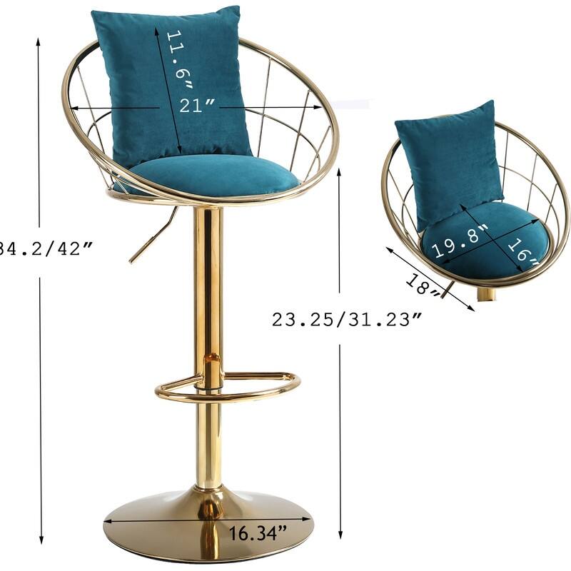 velvet bar chair, pure gold plated, 360 degree rotation, adjustable height,Suitable for dinning room and barset of 2