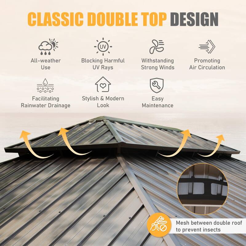 GDFStudio - Terry Outdoor Aluminum Hardtop Gazebo with Galvanized Steel Double Roof, Curtains & Netting