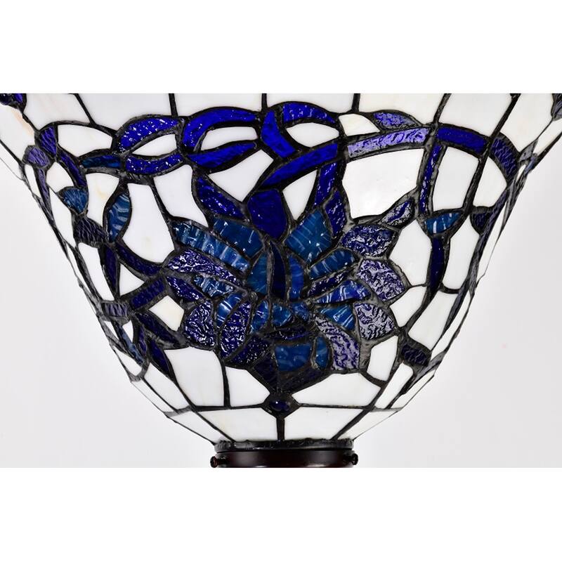 Prim 14-inch Blue/White Flower Design Glass/Bronze Tiffany-Style Torchiere Lamp