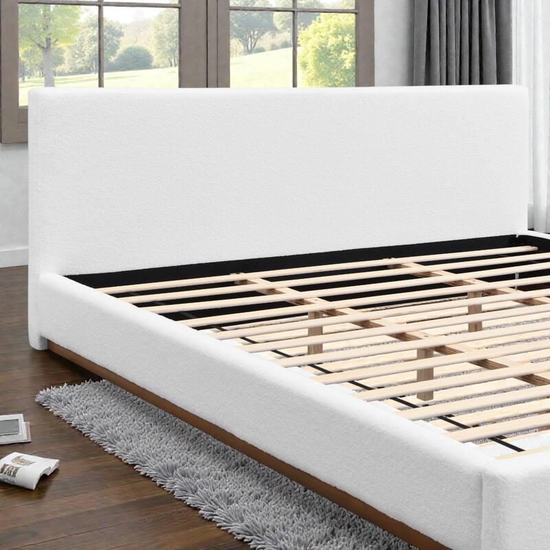 White Fabric Upholstered Bed with Boucle Headboard and Solid Wood Grain Base Frame, No Box Spring Needed