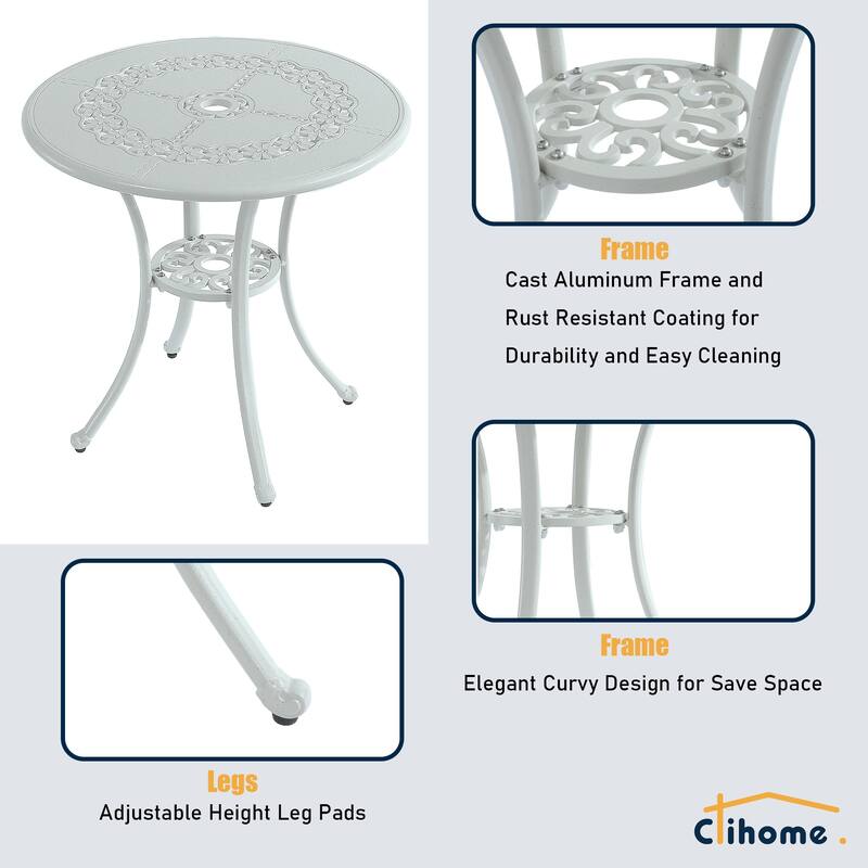 Clihome 3-Piece Cast Aluminum Bistro Table Set with Umbrella Hole