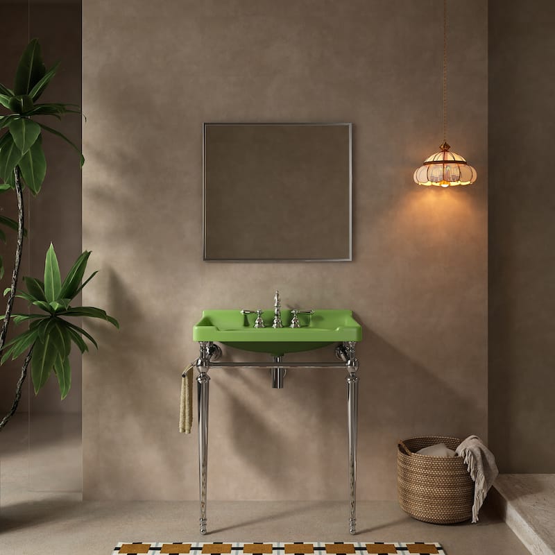 28" Wall-Mounted Console Sink: Ceramic Vanity Basin with Steel Legs & Towel Bar (No Faucet)