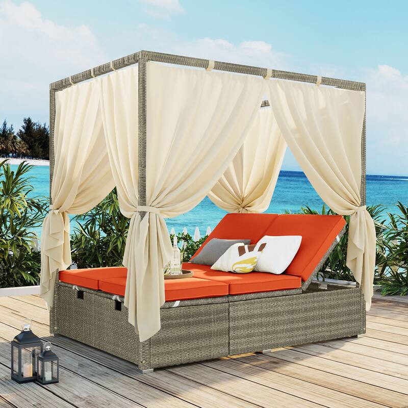 High Comfort Style Adjustable Sun Bed with Curtain for Patio, Balcony or Backyard - Orange