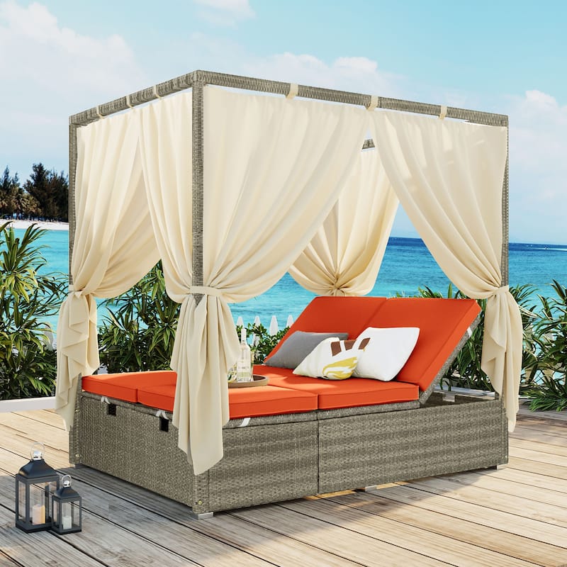 Roomfitters Outdoor Canopy Daybed with Cushions, Hidden Storage, Adjustable Lounge Chair, Retractable Canopy, for Patios - Orange