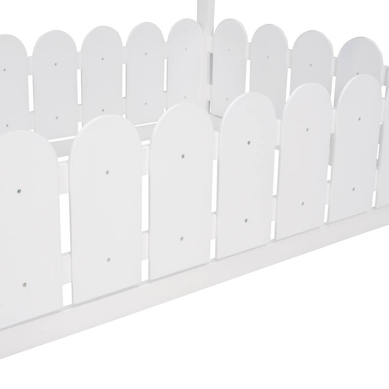 Wooden Twin House Bed with Pine Frame, Roof, and Fence, Perfect for Play and Sleep