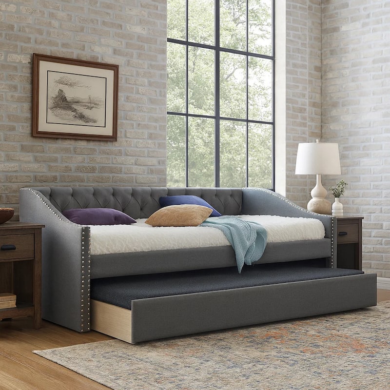 Trundle Daybed, Soft Tufted Gray Fabric Upholstery, Nailhead Design