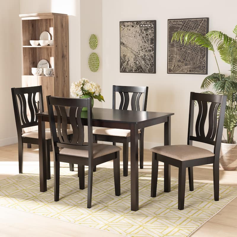 Modern 5-Piece Dining Set - Sand Fabric & Dark Brown Wood Table & Chairs