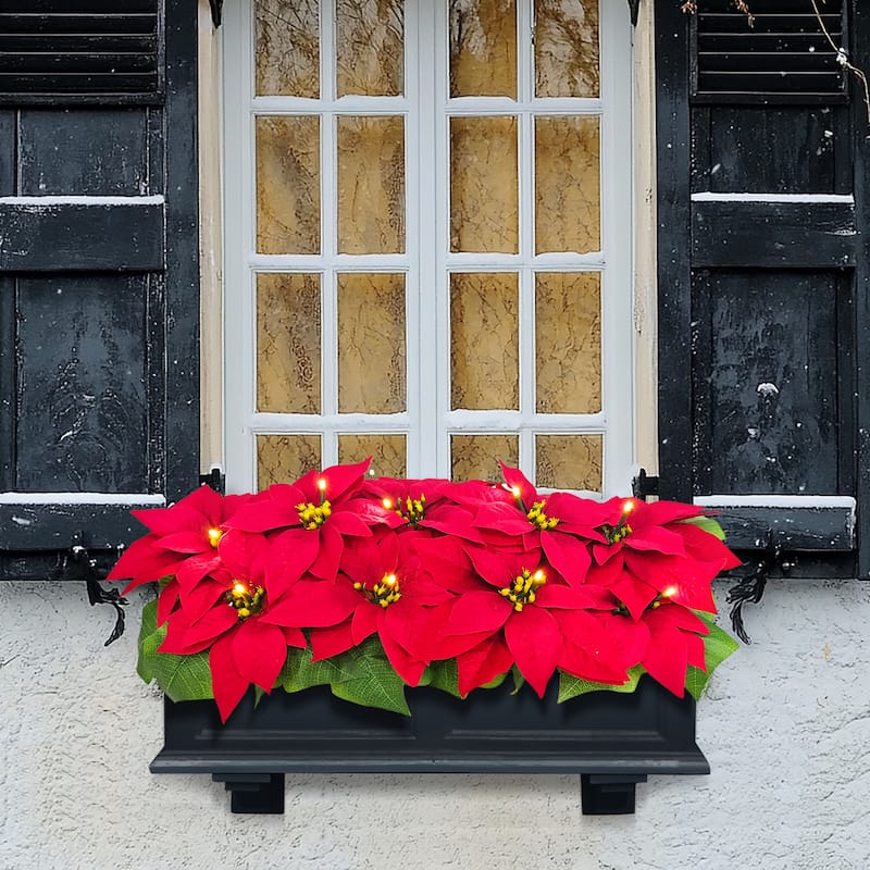 Puleo International 24" Pre-Lit Battery-Operated Artificial Red Poinsettia Window Box Décor