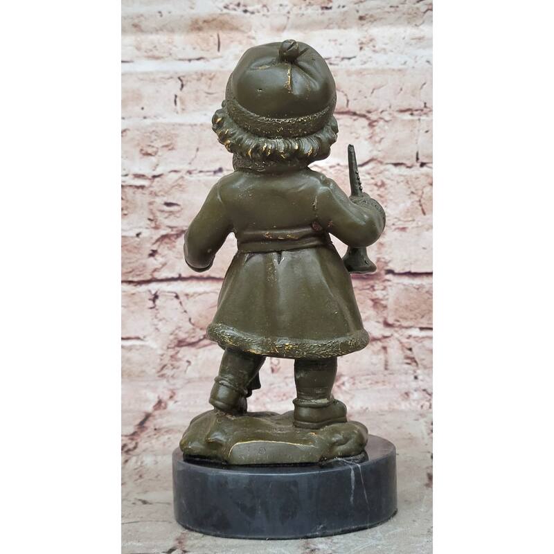 Bronze Winter Child Sculpture – Girl With Horn And Doll Figurine On Base