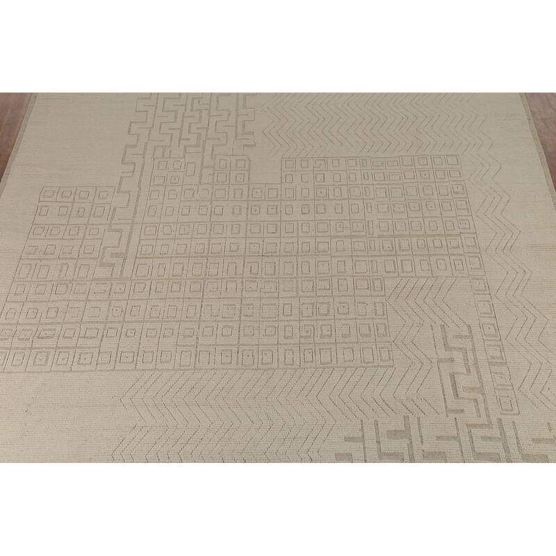 All-Over Ivory Moroccan Oriental Large Rug Hand-Knotted Wool Carpet - 10'5"x 14'9"