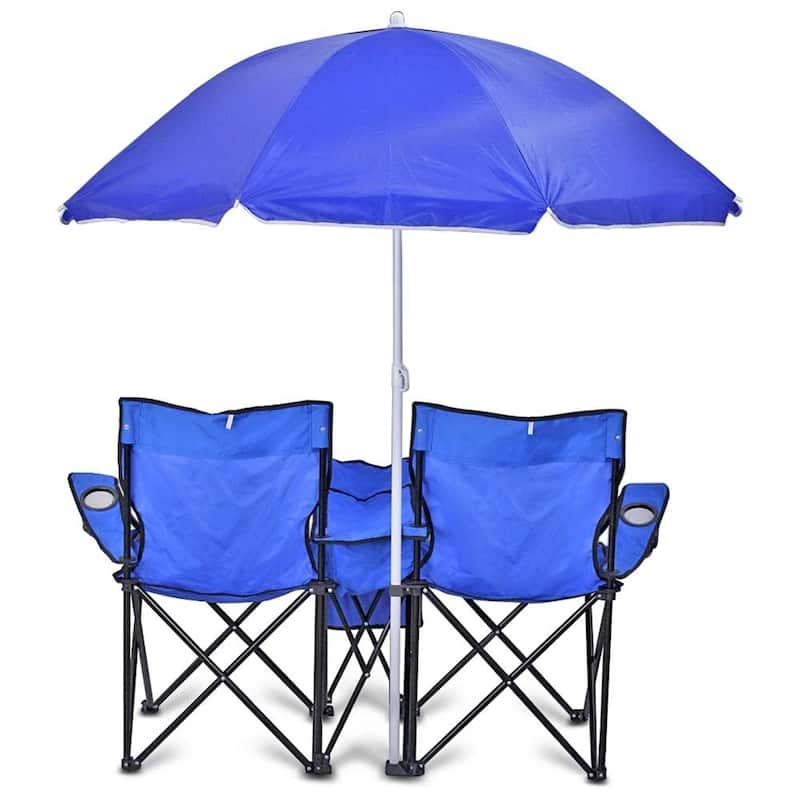 GoTeam Portable Double Folding Chair w/Removable Umbrella, Cooler Bag and Carry Case