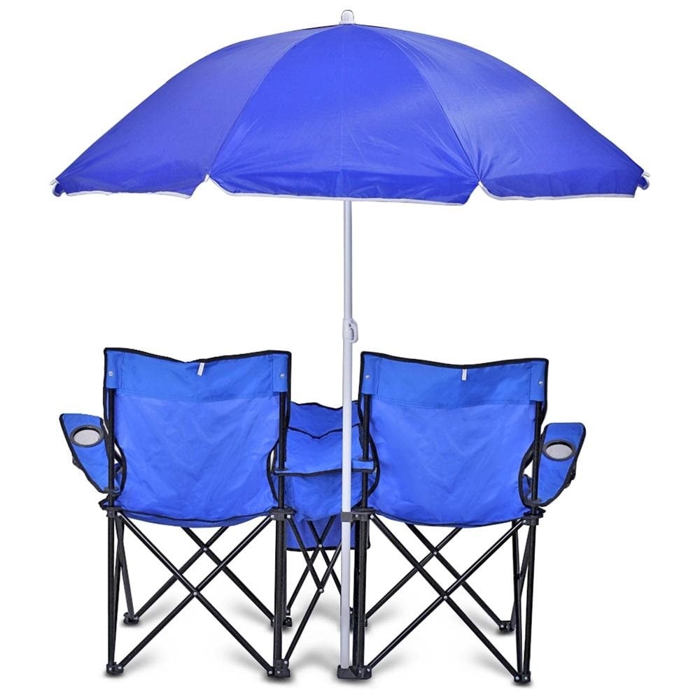 GoTeam Portable Double Folding Chair w Removable Umbrella Cooler
