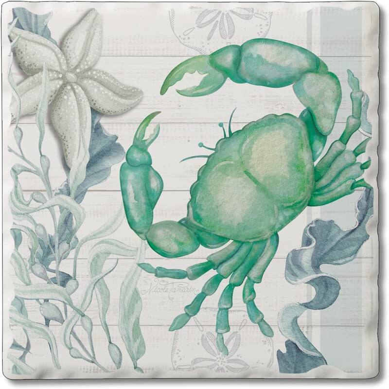 Absorbent Stone Tumbled Tile Coasters, Beach Therapy Crab, Set of 4 - Multi
