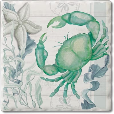 Absorbent Stone Tumbled Tile Coasters, Beach Therapy Crab, Set of 4