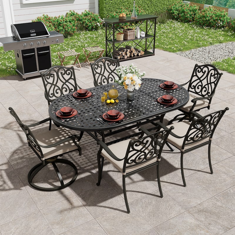 72" Outdoor Dining Table Cast Aluminum Classic Lattice Elliptical Shape Patio Table with Umbrella Hole
