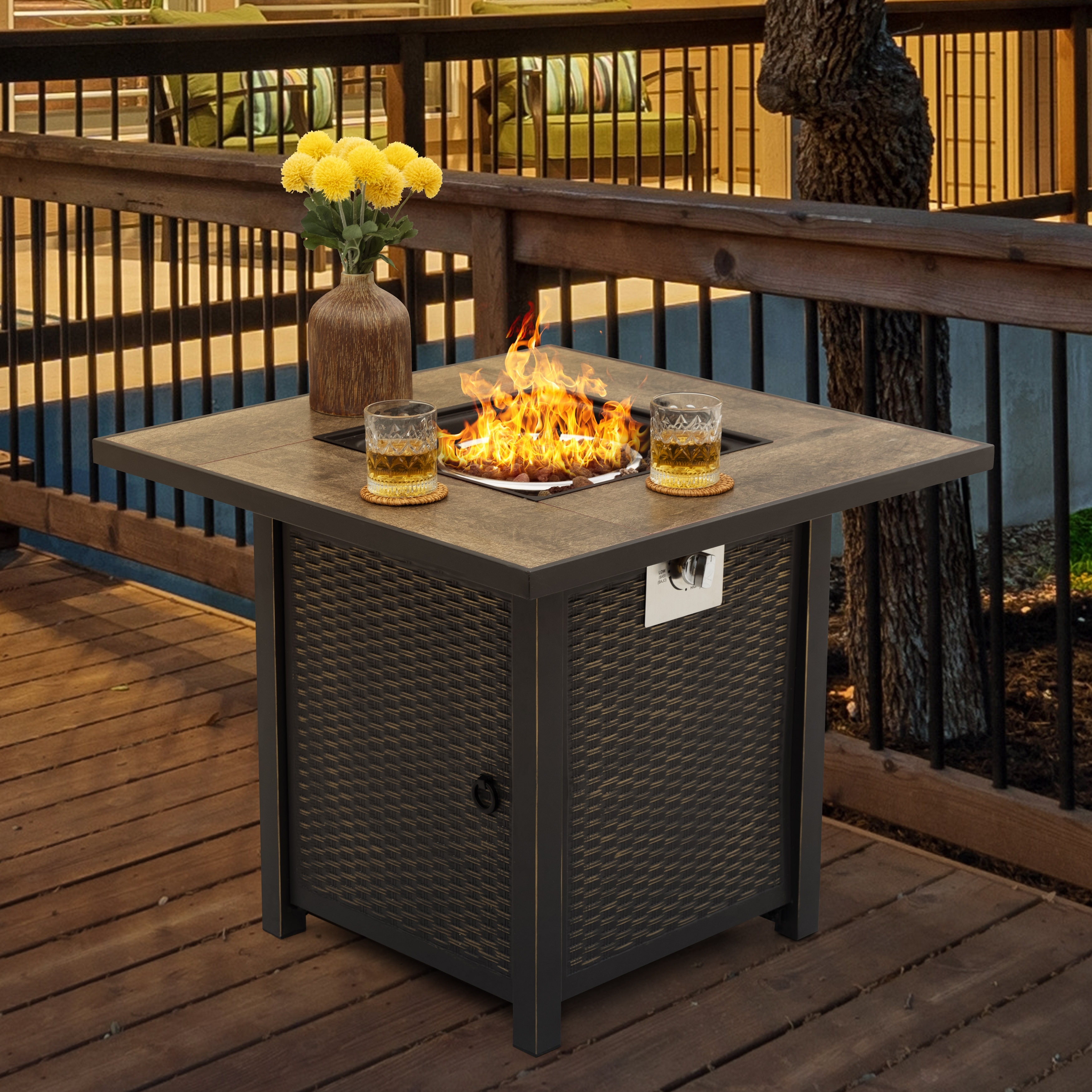 34 in. x 26 in. H 50,000 BTU Square PE Rattan Outdoor Propane Gas Fire Pit Table 34 in. x 26 in. H 50,000 BTU Square PE Rattan Outdoor Propane Gas Fire Pit Table