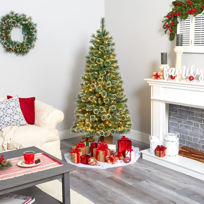 6Ft Slim Christmas Tree with Lights - Holiday Pine Tree, 300 LED, Metal Stand, Indoor Decor - Green - 50