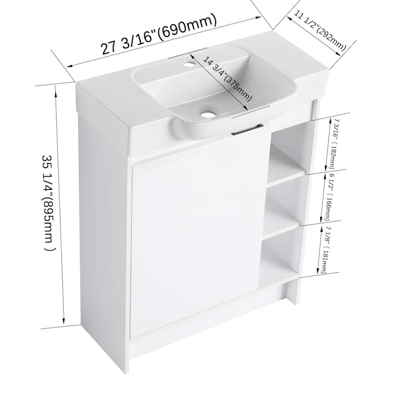 28 Inch Freestanding Bathroom Vanity Cabinet with Ceramic Sink,1 Soft Close Door and 3 Shelves