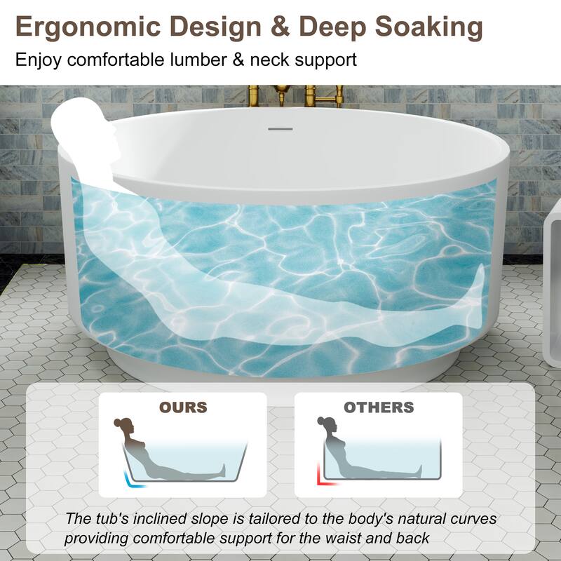 49 in. Freestanding Solid Surface Round Soaking Bathtub in Matte White, Compact Design with Center Drain