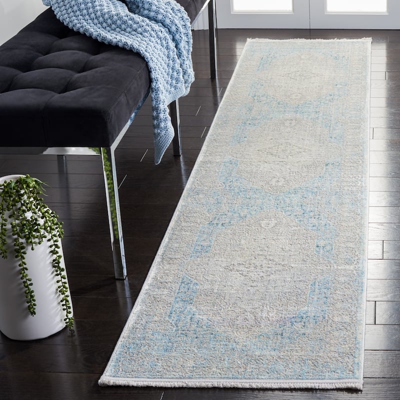 SAFAVIEH Dream Axenia Vintage Abstract Polyester Rug - 2' x 8' Runner - Grey/Aqua
