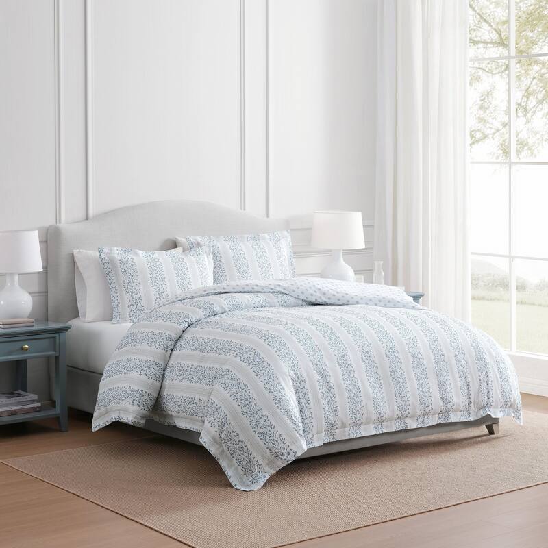 Martha Stewart Verbena Stripe Cotton Reversible Blue Comforter Set