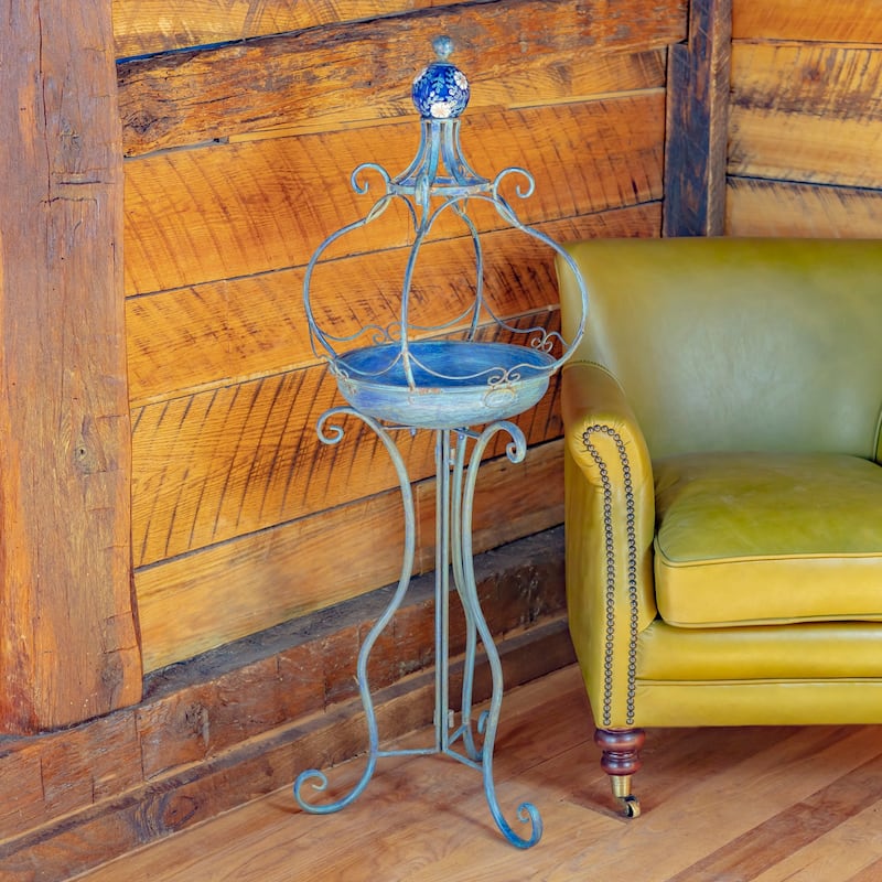 45 Inch Tall Standing Blue Iron Birdbath with Ceramic Sailor Ball - 14.57x14.57x44.88 - Blue