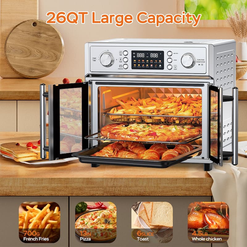 26QT Large Capacity French Double-Door Air Fryer Convection Toaster Oven, 1700W, 14 Preset Menus, 7-in-1 Multi-Function
