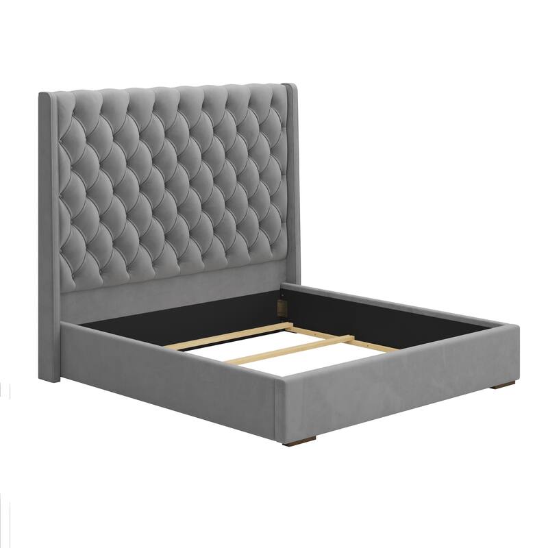 Roomfitters King Size Upholstered Bed, 67.5" Tall Headboard, Wingback, Vertical Stripes, Box Spring Needed
