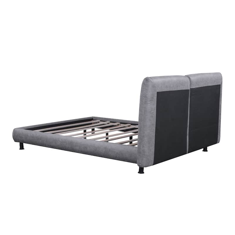 Gray Queen Size Upholstered Platform Bed with Two Large Headrests and Thick Fabric
