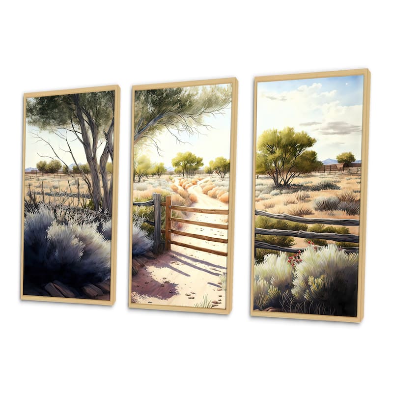 Designart "View Of The Pasture IV" Farmhouse / Country Framed Canvas Art Print - 3 Panels